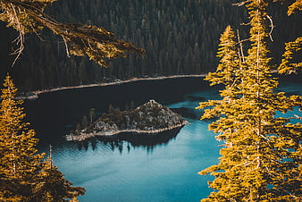 Scenic Alpine Lake with Rocky Island and Golden Pine Trees