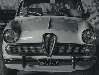 Front view of vintage Alfa Romeo Giulietta in black and white