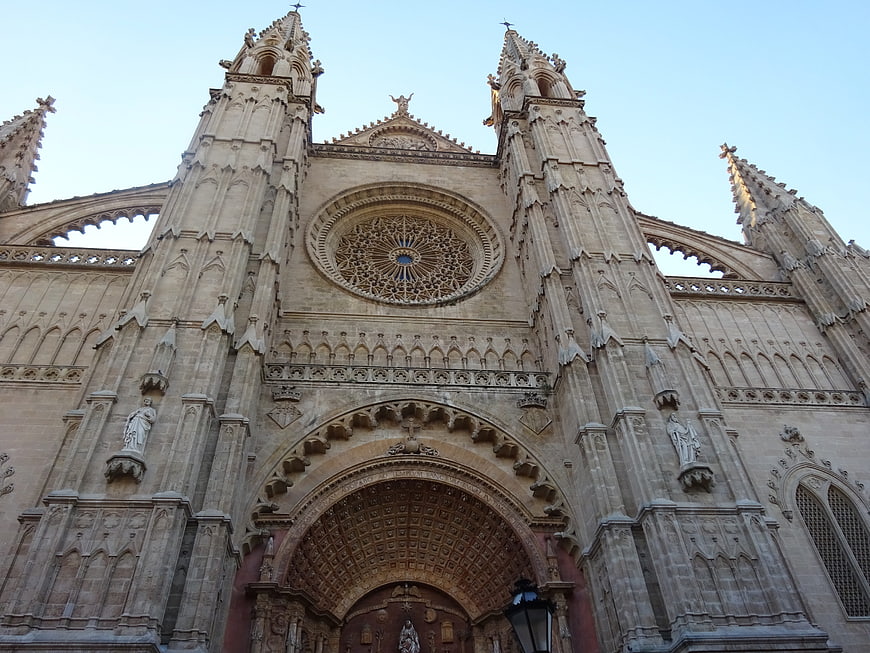Low angle view of Palma Cathedral facade in Mallorca