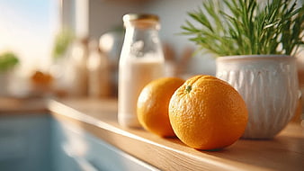 Fresh Oranges and Milk on Wooden Kitchen Counter
