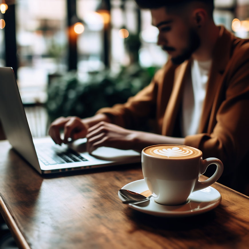 Man working on laptop with latte art coffee in cafe