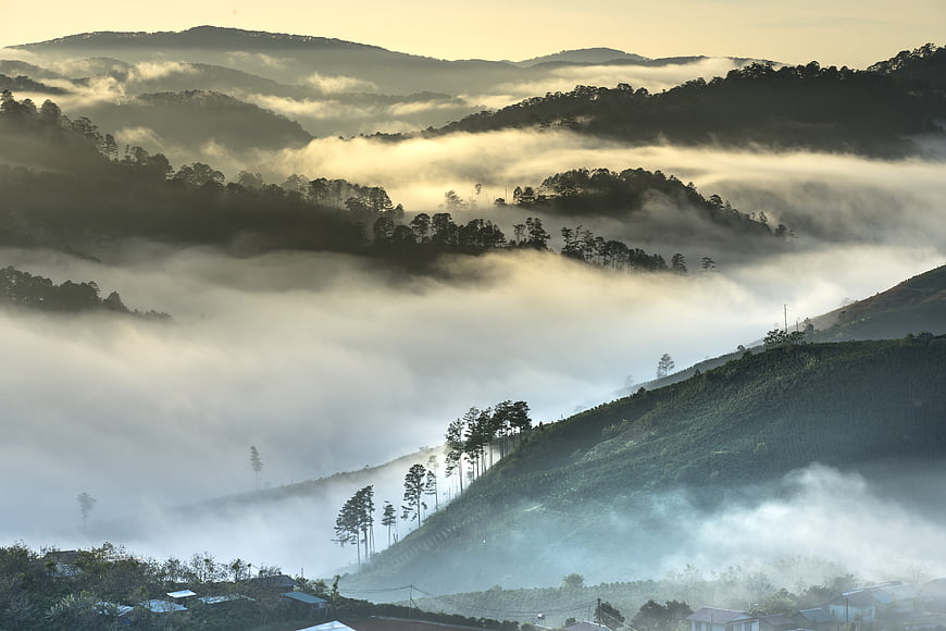 Misty Mountain Landscape with Rolling Hills and Fog
