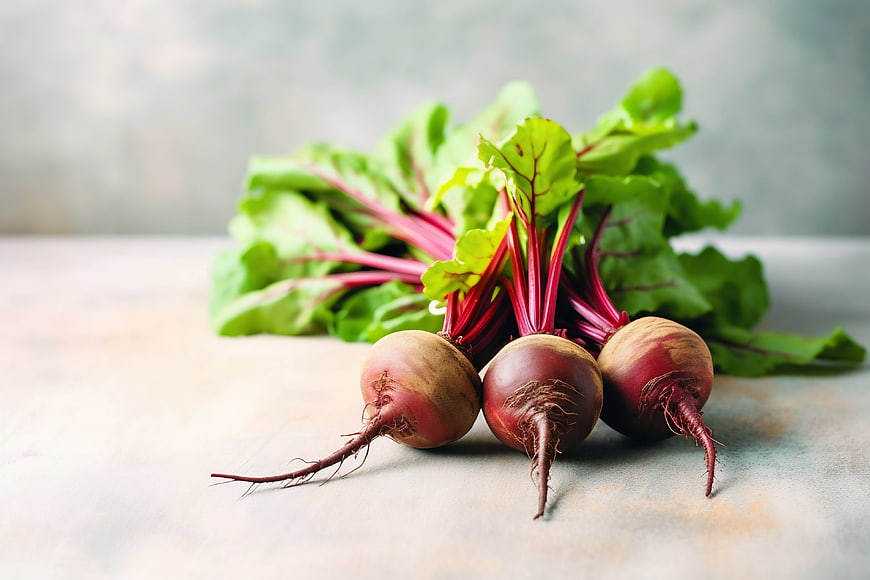 Fresh Beetroot with Green Leaves on Rustic Table