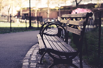 Empty wooden park bench on a paved path in spring