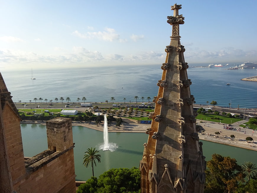 Gothic spire overlooking Palma de Mallorca harbor and sea