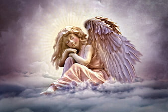 Sleeping angel statue resting on clouds with divine light