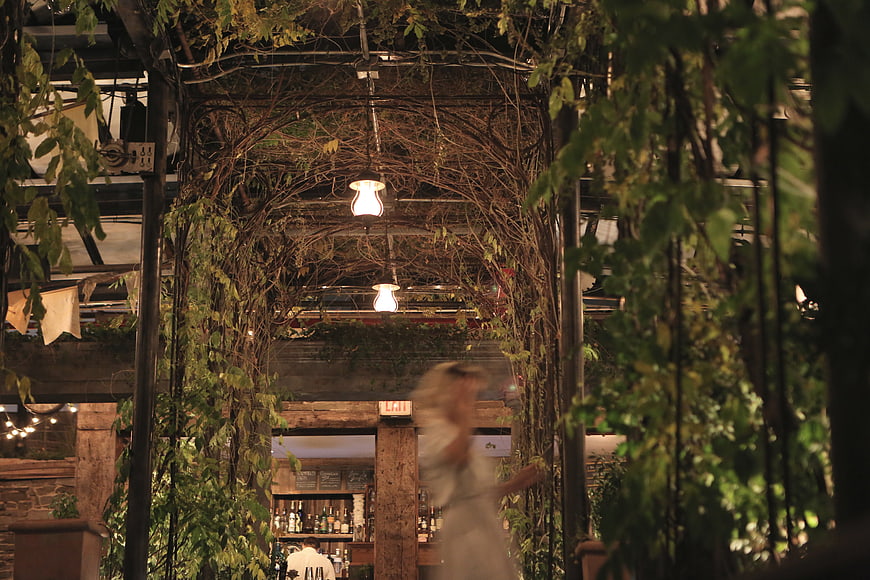Woman walking through vine-covered archway at restaurant