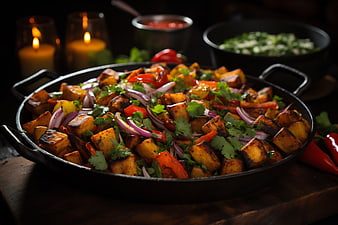 Sizzling Grilled Potatoes with Vegetables in Cast Iron Skillet