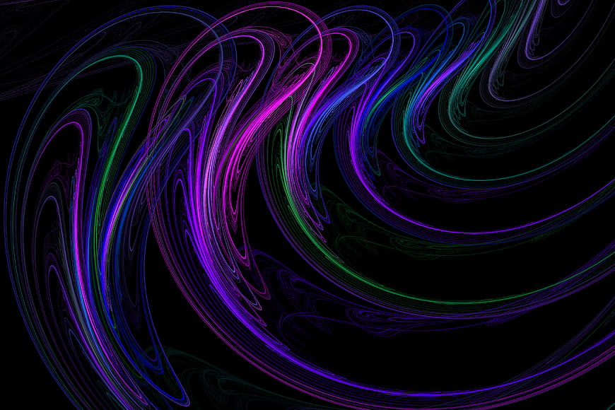 Abstract neon fractal swirls in purple, blue, and green on black background
