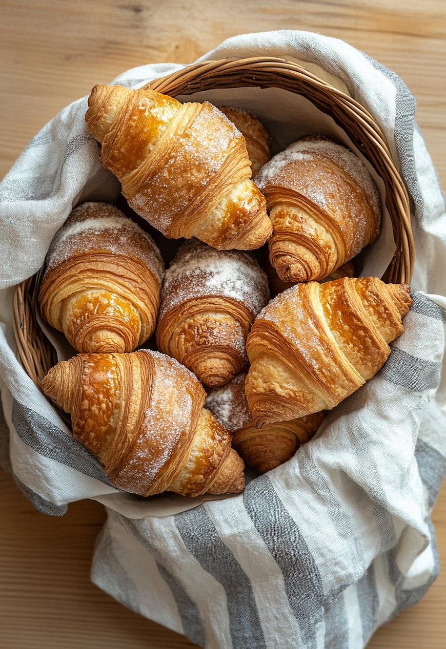 Fresh Flaky Croissants in Wicker Basket with Striped Linen