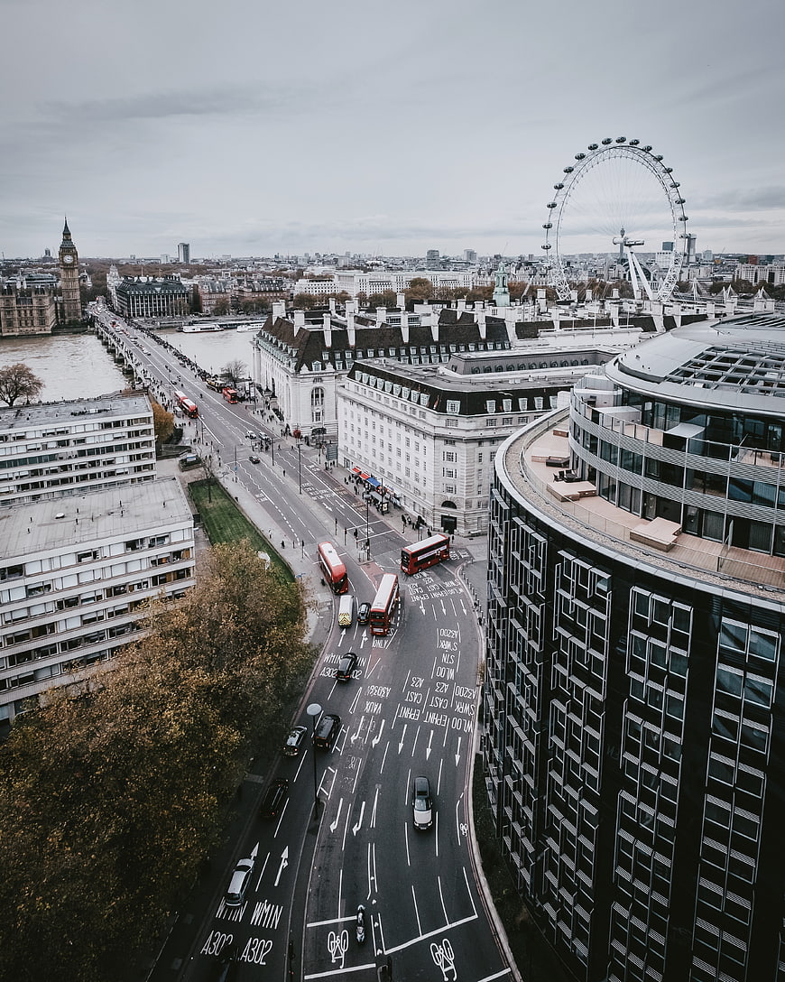 Aerial View of London Cityscape with London Eye and Big Ben