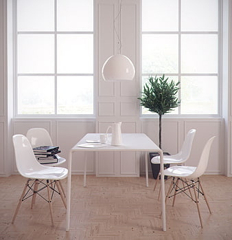 Minimalist White Dining Room Interior With Modern Chairs