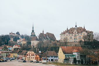 Historic European Town Skyline with Castle and Church