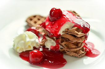 Chocolate Waffles with Cherry Sauce and Whipped Cream