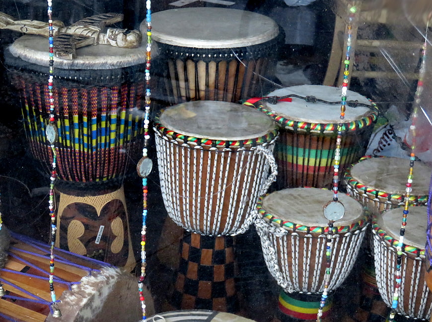Traditional African drums in a shop window display