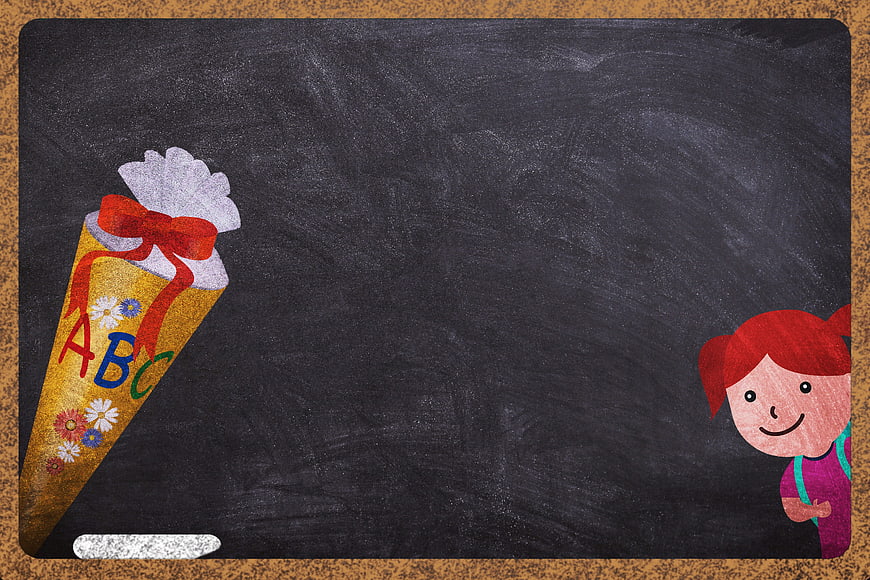 Back to school chalkboard with diploma cone and cartoon girl