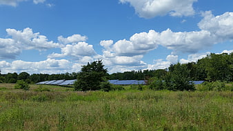 Solar panels in a green field under a blue sky with clouds