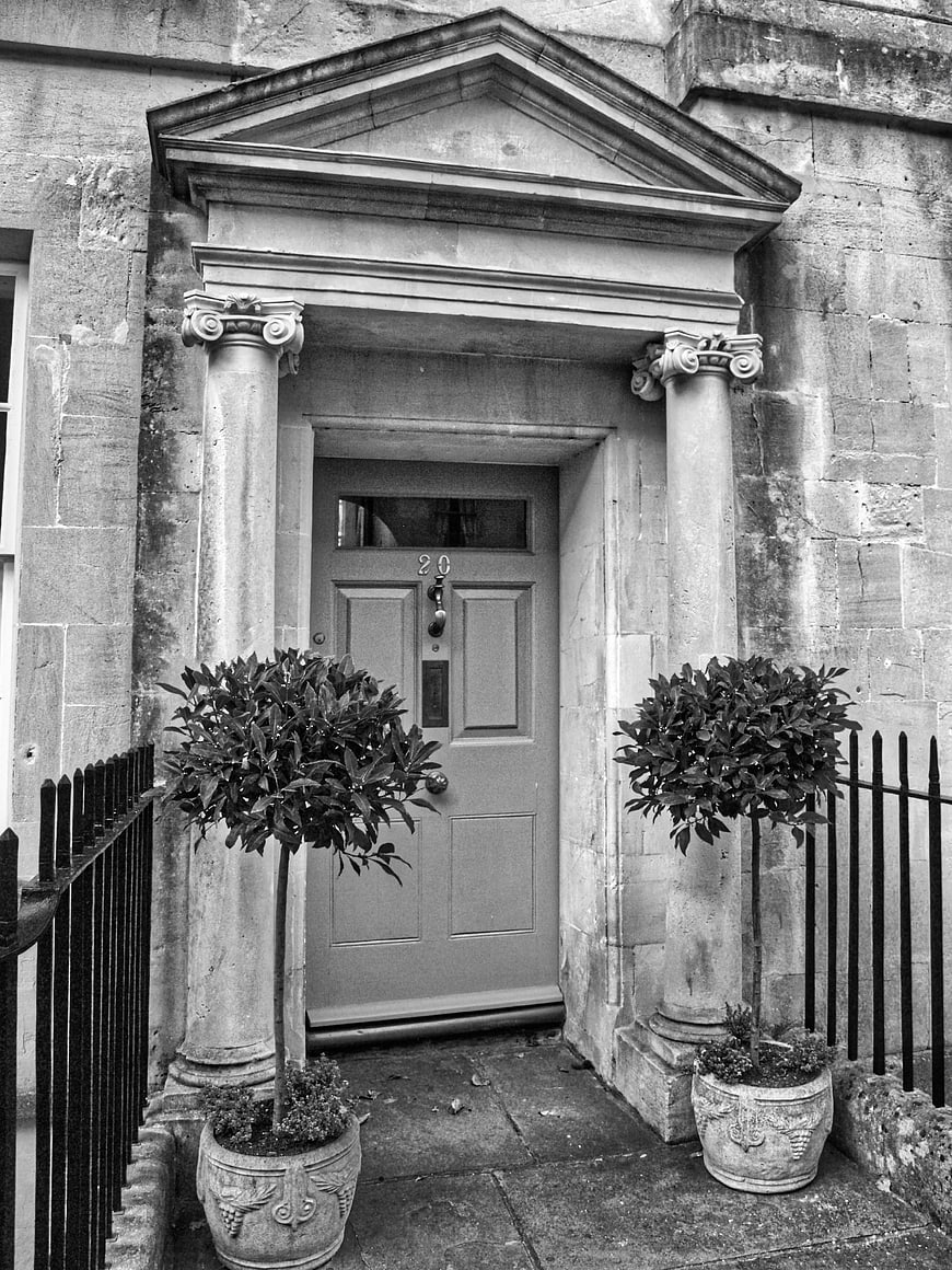 Classic Stone Building Entrance with Columns and Plants