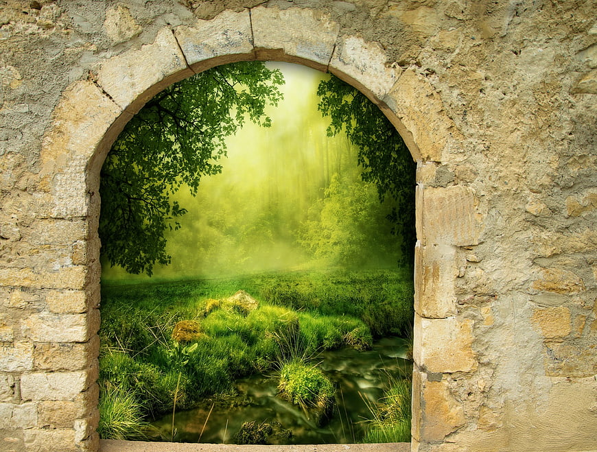 Stone Archway Portal to Magical Green Forest