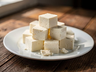 Cubed Soft Tofu on White Plate