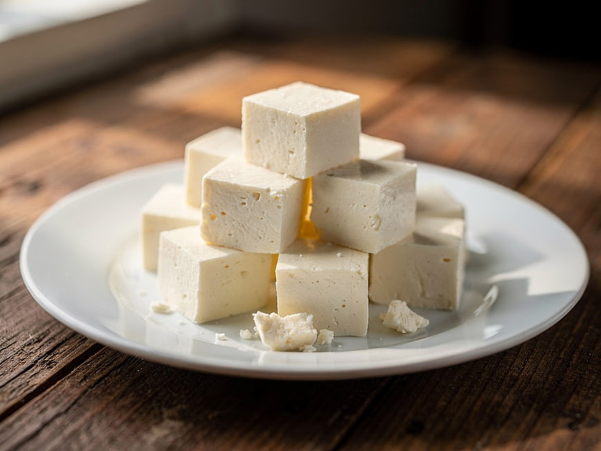 Cubed Soft Tofu on White Plate