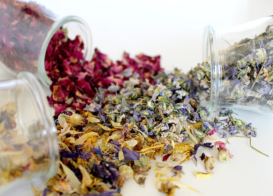 Dried flower petals spilling from glass jars on white background