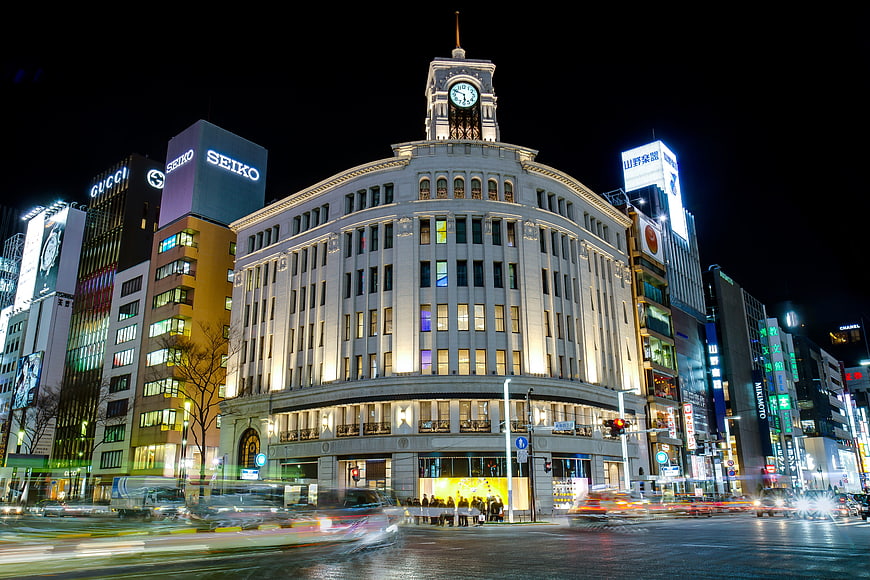 Night view of Wako building in Ginza, Tokyo with light trails