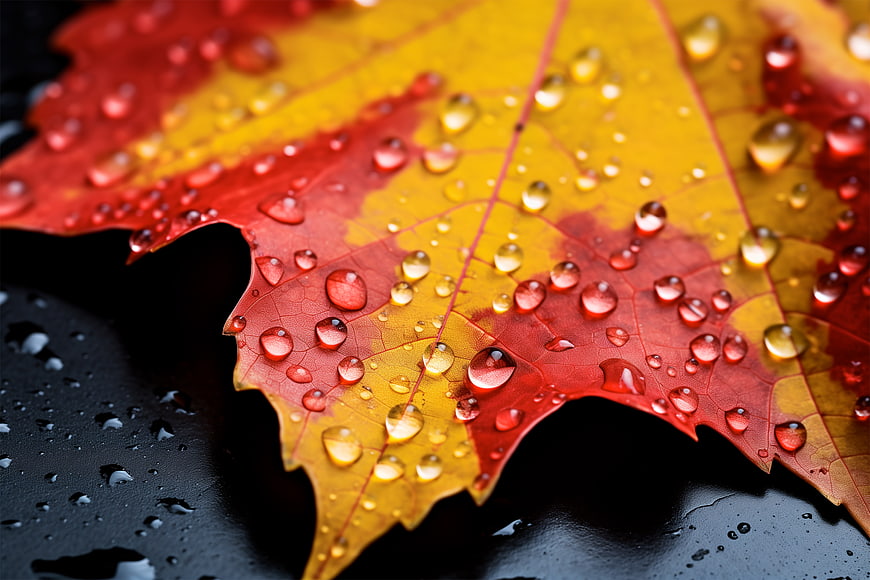 Close-up of red and yellow maple leaf with water droplets