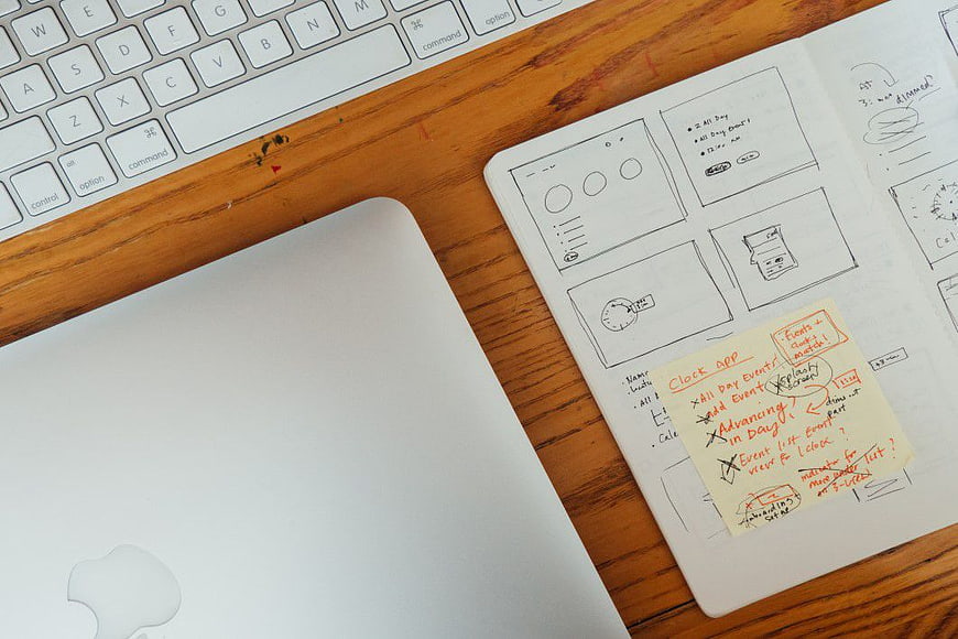 UX Design Wireframe Sketches on Notebook with MacBook
