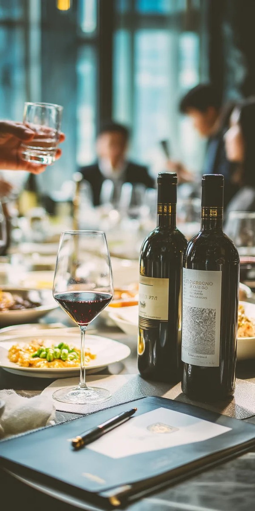 Fine Dining Table with Red Wine and Gourmet Food