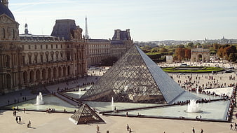 Louvre Pyramid and Palace in Paris with Eiffel Tower