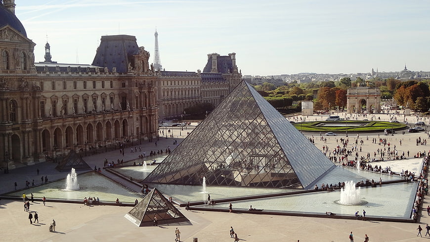 Louvre Pyramid and Palace in Paris with Eiffel Tower