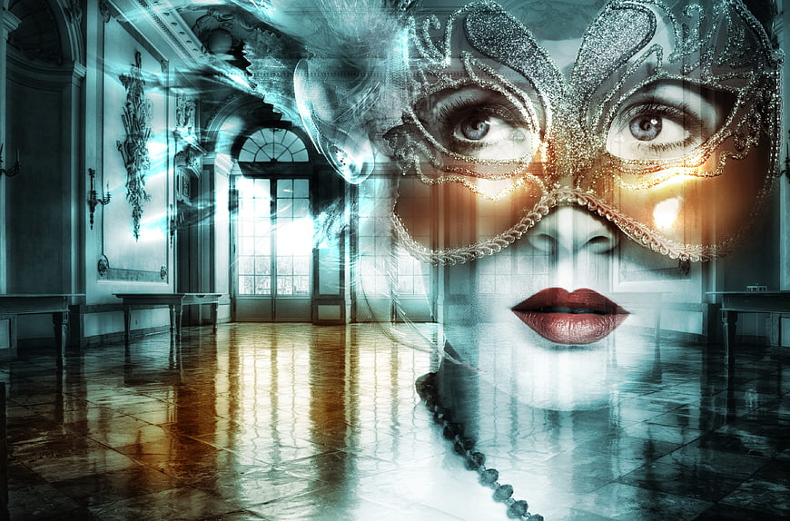 Double exposure of woman in masquerade mask and ornate baroque ballroom