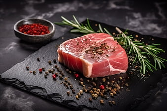 Raw Beef Steak with Rosemary and Peppercorns on Slate