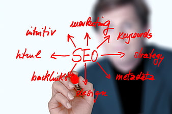 Businessman writing SEO strategy mind map on glass