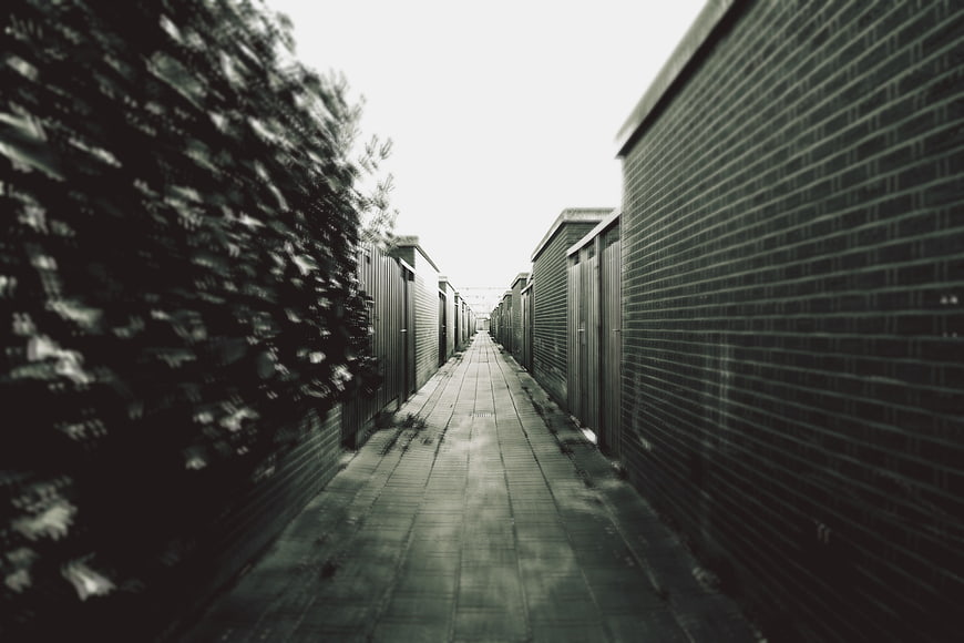 Narrow Alleyway Between Brick Walls and Hedges