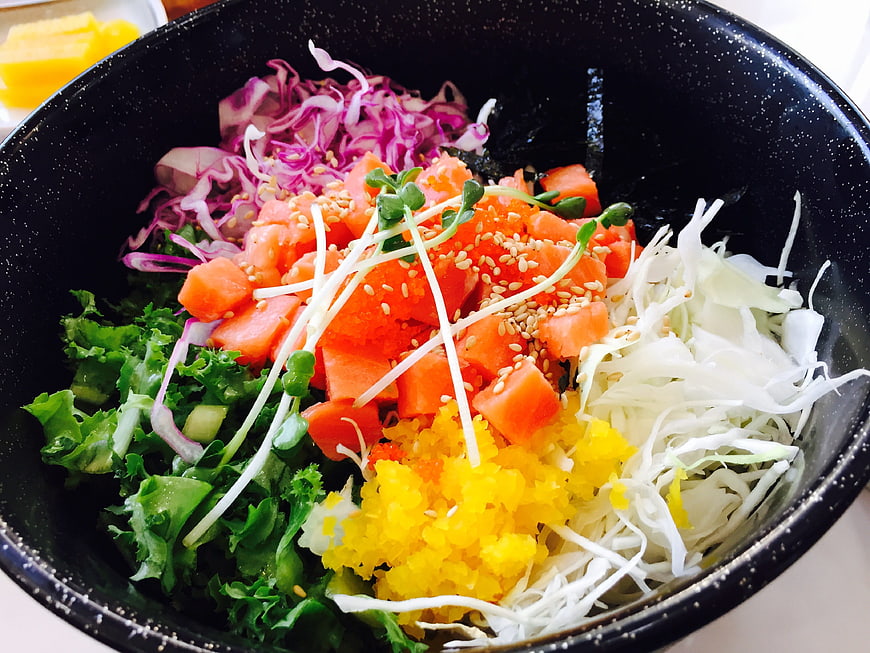 Colorful Salmon Sashimi Rice Bowl with Vegetables