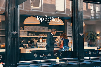 Street view of Hop Stork chocolate and coffee shop window