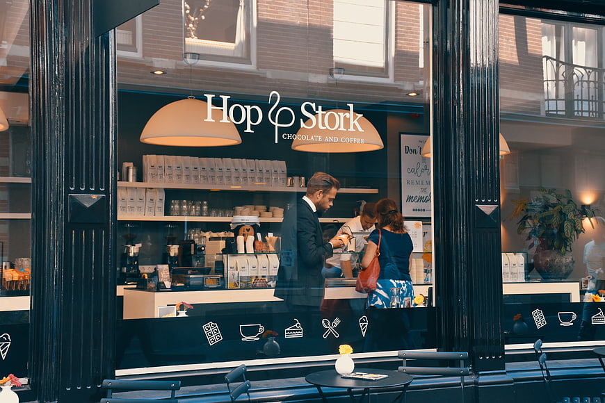 Street view of Hop Stork chocolate and coffee shop window