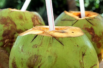 Fresh Green Coconuts With Straws For Tropical Coconut Water Drink