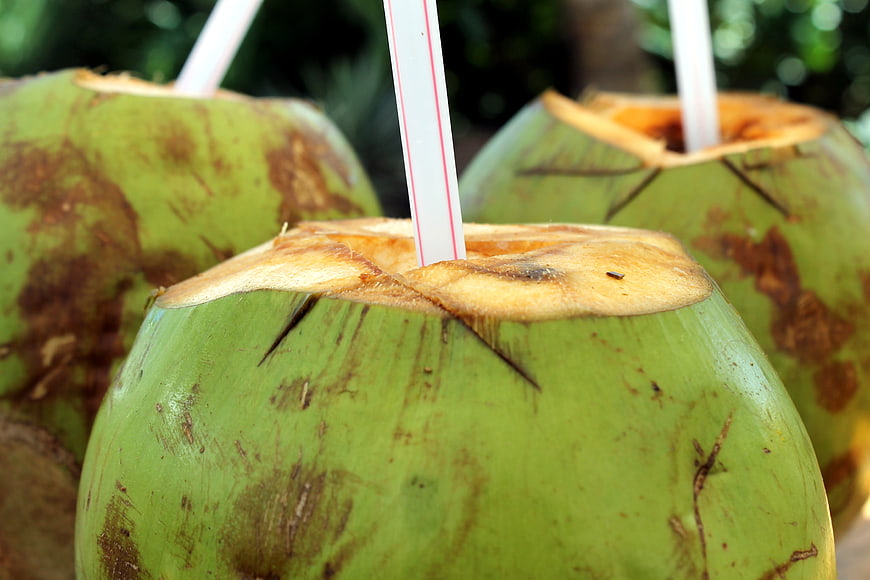 Fresh Green Coconuts With Straws For Tropical Coconut Water Drink