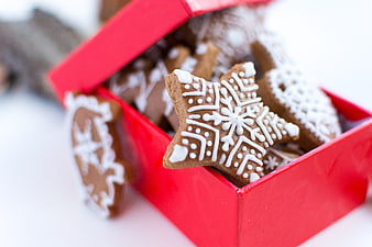 Traditional Christmas gingerbread cookies in a red box