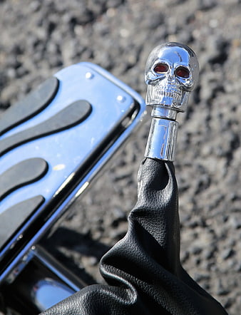 Chrome Skull Motorcycle Gear Shift Lever Close-Up