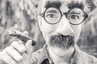 Man with Funny Eyebrow Glasses and Cigar in Black and White
