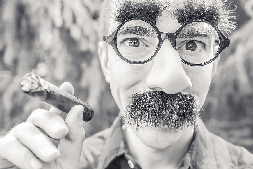 Man with Funny Eyebrow Glasses and Cigar in Black and White