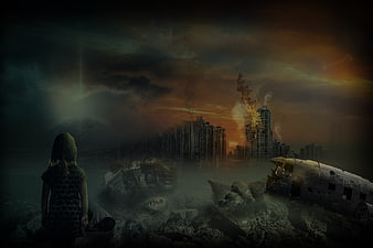 Post-Apocalyptic Cityscape With Crashed Airplane And Silhouette