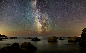 Milky Way Galaxy Over Rocky Beach at Night