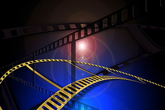 Cinematic film strips with golden accents and blue background