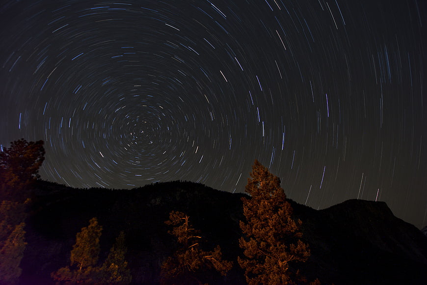 Star Trails Rotating Around Polaris Over Dark Forest Silhouette