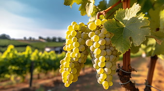 Close-up of ripe white wine grapes hanging on vine in vineyard